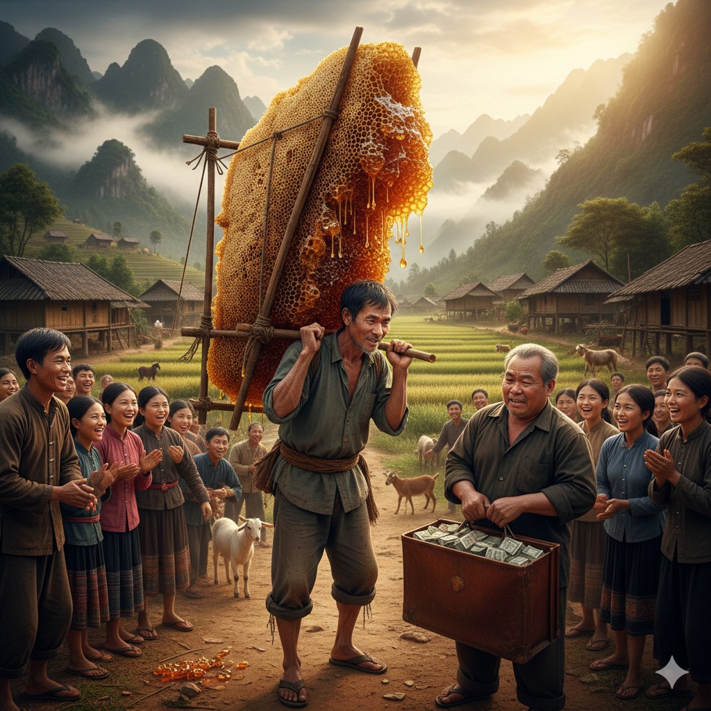 Bỏ nghề chăn dê lên núi, anh Teng vô tình mang tổ ong khổng lồ đầy mật về làng.