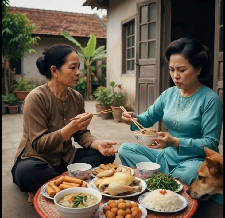 Gắp cho thông gia giàu miếng thịt gà, tôi ngỡ ngàng thấy mặt bà ấy nhăn lại, không hề đụng đũa
