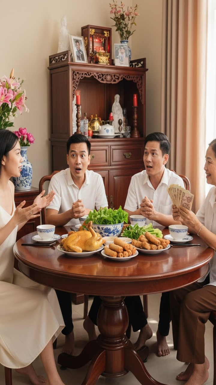 Về nhà mẹ đẻ, tôi định khoe tháng này thu nhập 200 triệu, nhưng chồng đá nhẹ dưới bàn khiến tôi vội đổi thành 4 triệu