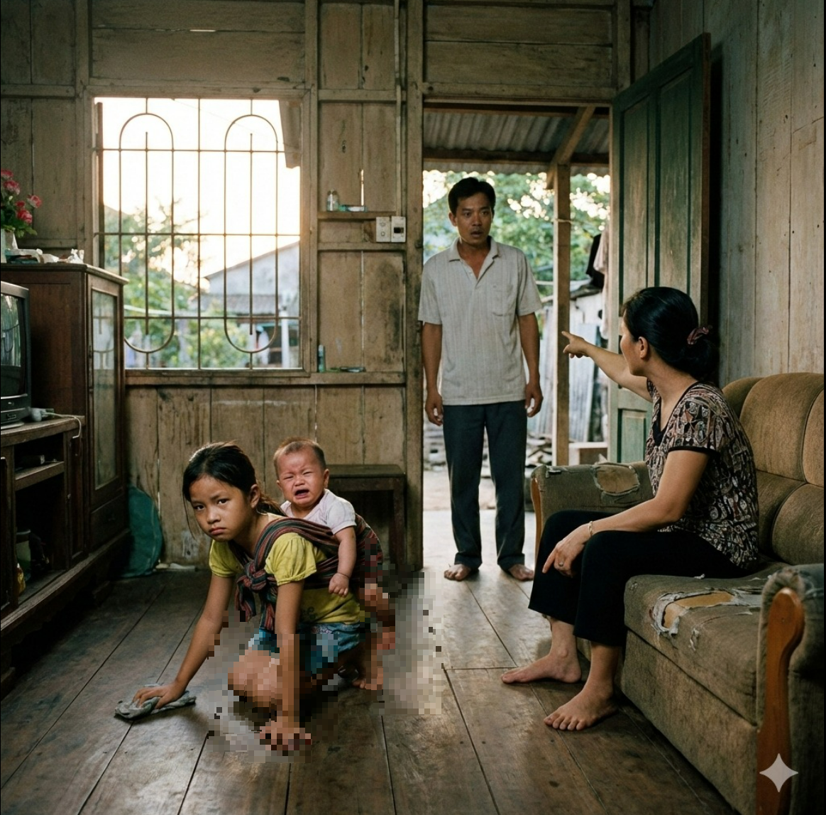 Tôi thuê dâu trông con sau khi vợ tôi qua đời vì thường xuyên phải đi công tác. Hôm về nhà sớm hơn kế hoạch, tôi thấy con gái 8 tuổi đang quỳ lau sàn nhà, trên lưng cõng đứa em