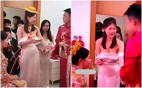 Phù dâu mặc váy trễ vai “bấm còi qua mặt cô dâu” trong đám cưới, ánh mắt chú rể mới lớn chuyện
