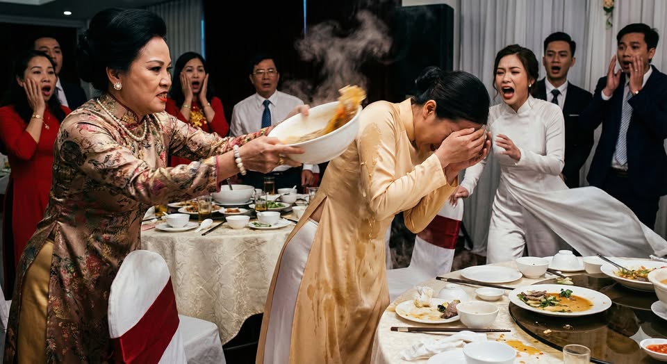 Mẹ chồng h:ất b;át canh n:óng vào mẹ tôi giữa đám cưới, bố tôi im lặng đứng dậy làm một việc khiến cả hội trường ch-t lặng